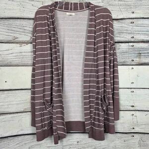 Maurices Striped Open Front Cardigan Taupe White M